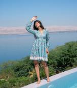 Sea green self embroidered cotton printed short dress