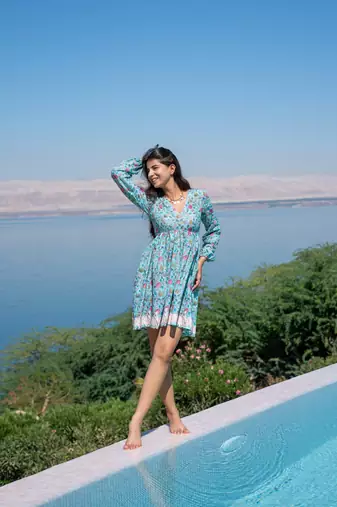 Sea green self embroidered cotton printed short dress