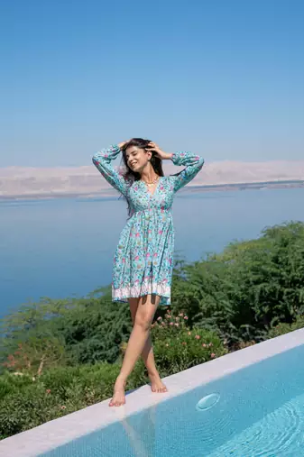 Sea green self embroidered cotton printed short dress