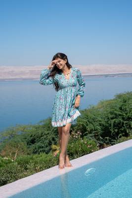 Sea green self embroidered cotton printed short dress 4