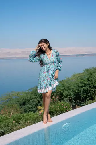 Sea green self embroidered cotton printed short dress