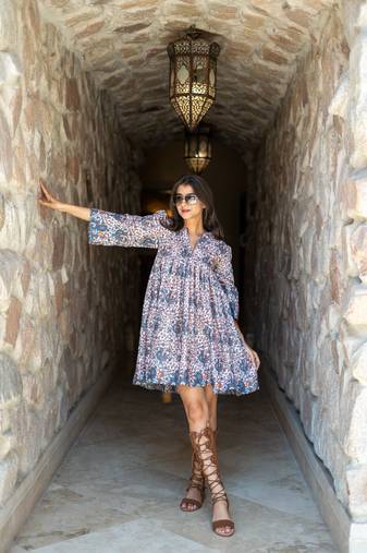 Light peach base self embroidered cotton printed short dress