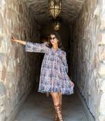 Light peach base self embroidered cotton printed short dress