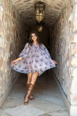 Light peach base self embroidered cotton printed short dress 4