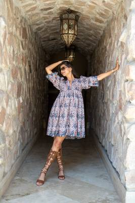 Light peach base self embroidered cotton printed short dress 5
