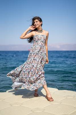 Light peach base self embroidered cotton printed long dress 1