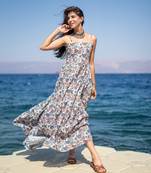 Light peach base self embroidered cotton printed long dress