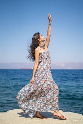 Light peach base self embroidered cotton printed long dress 3