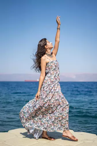 Light peach base self embroidered cotton printed long dress