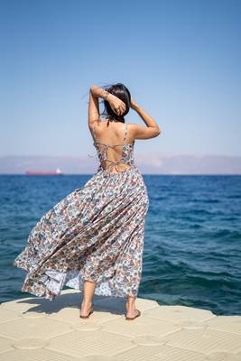 Light peach base self embroidered cotton printed long dress 5
