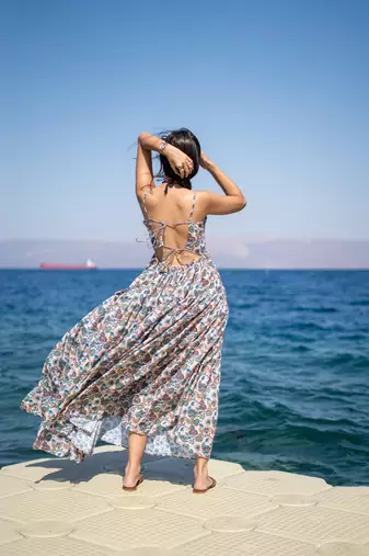 Light peach base self embroidered cotton printed long dress