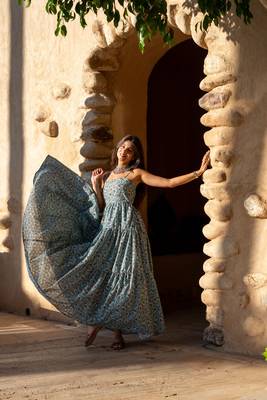 Light sea green base self embroidered cotton printed long dress 1