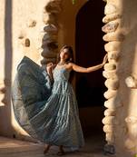 Light sea green base self embroidered cotton printed long dress