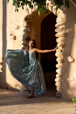 Light sea green base self embroidered cotton printed long dress 2