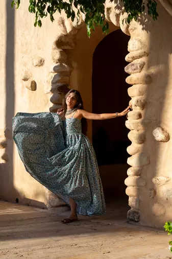 Light sea green base self embroidered cotton printed long dress