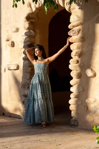 Light sea green base self embroidered cotton printed long dress