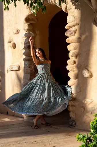 Light sea green base self embroidered cotton printed long dress
