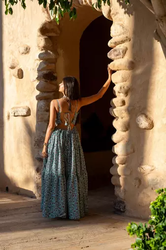 Light sea green base self embroidered cotton printed long dress