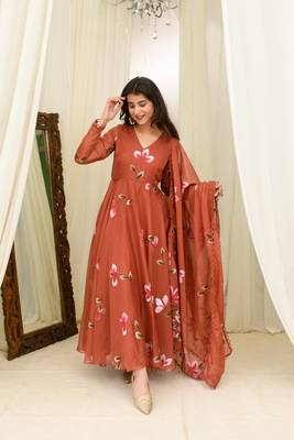 Rusty orange hand painted anarkali set 1