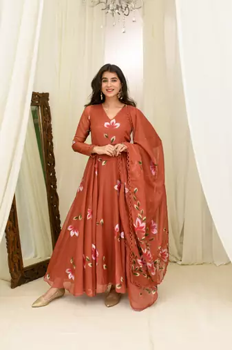 Rusty orange hand painted anarkali set