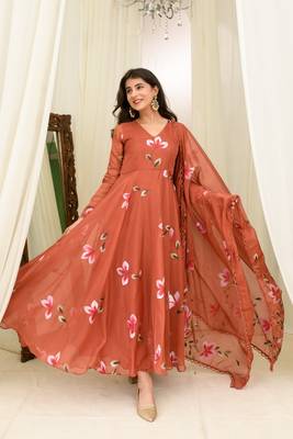 Rusty orange hand painted anarkali set 3