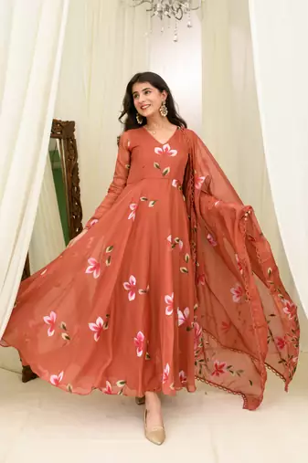 Rusty orange hand painted anarkali set