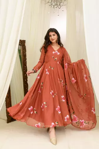 Rusty orange hand painted anarkali set