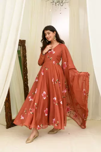 Rusty orange hand painted anarkali set