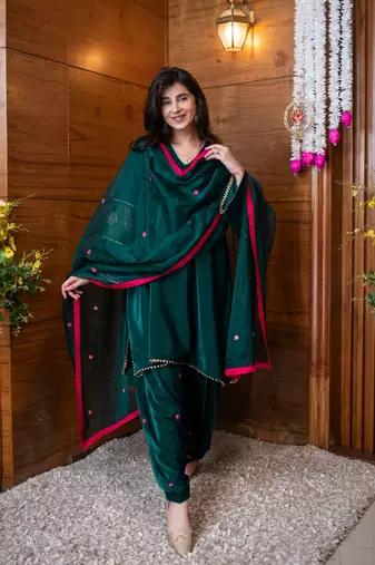 Velvet green embroidered salwar set