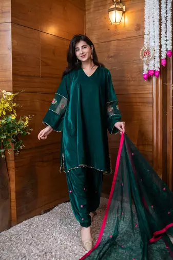 Velvet green embroidered salwar set