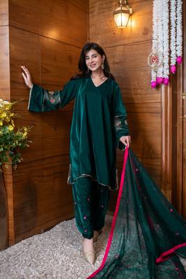 Velvet green embroidered salwar set 4