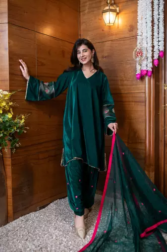 Velvet green embroidered salwar set