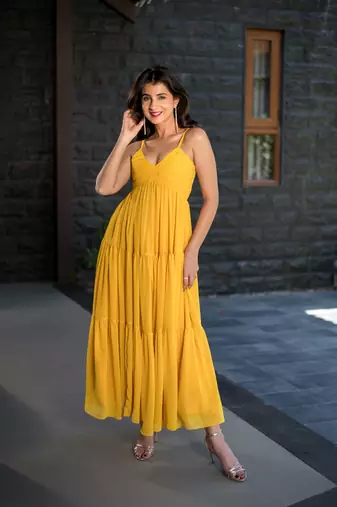 Mustard tie up georgette maxi dress