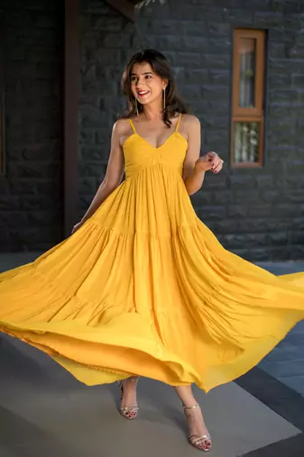 Mustard tie up georgette maxi dress