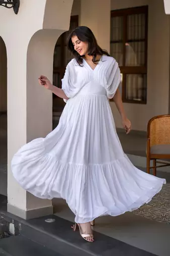 White pleated layered maxi dress