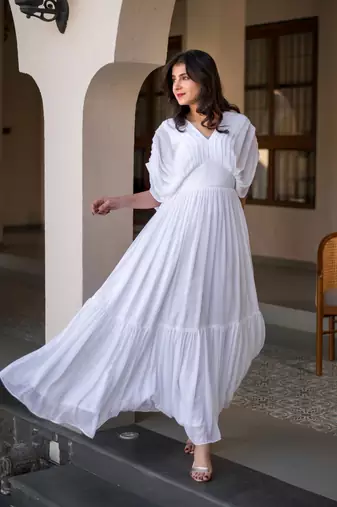 White pleated layered maxi dress