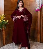 Velvet maroon bell sleeves kurta set