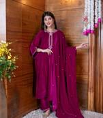 Velvet magenta pink embroidered kurta set