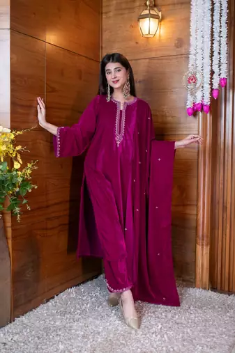 Velvet magenta pink embroidered kurta set