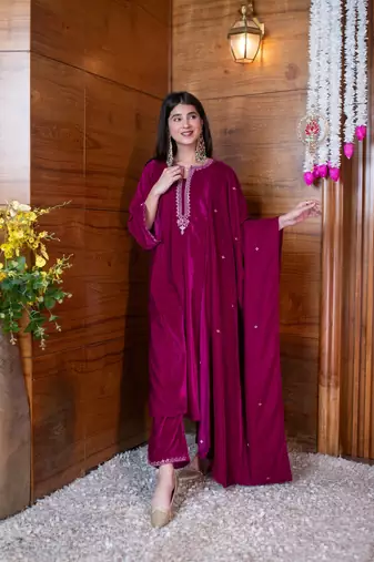Velvet magenta pink embroidered kurta set