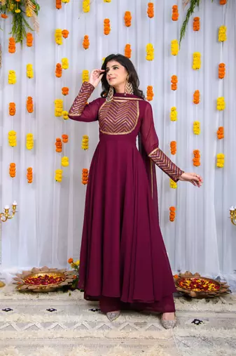 Wine heavy yolk anarkali set