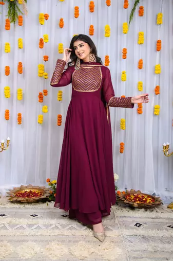 Wine heavy yolk anarkali set