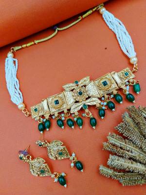 matte gold plated green drop party wear necklace jewellery set for women 1