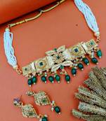 matte gold plated green drop party wear necklace jewellery set for women