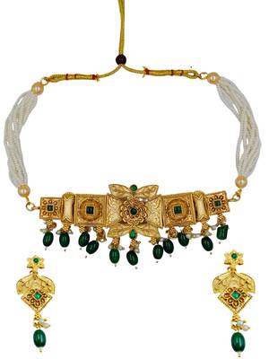 matte gold plated green drop party wear necklace jewellery set for women 2