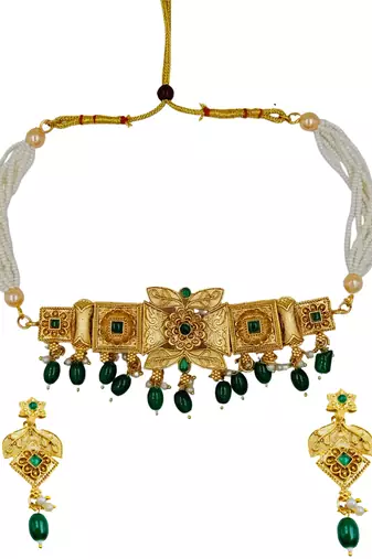 matte gold plated green drop party wear necklace jewellery set for women