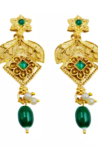 matte gold plated green drop party wear necklace jewellery set for women