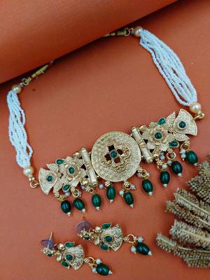 matte gold plated green drop party wear necklace jewellery set for women 1