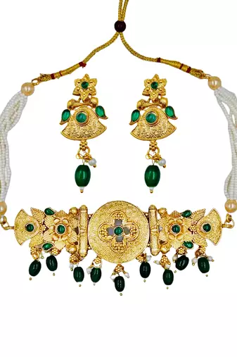 matte gold plated green drop party wear necklace jewellery set for women