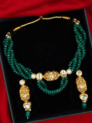 green beaded kundan necklace & earring jewellery set for women 1